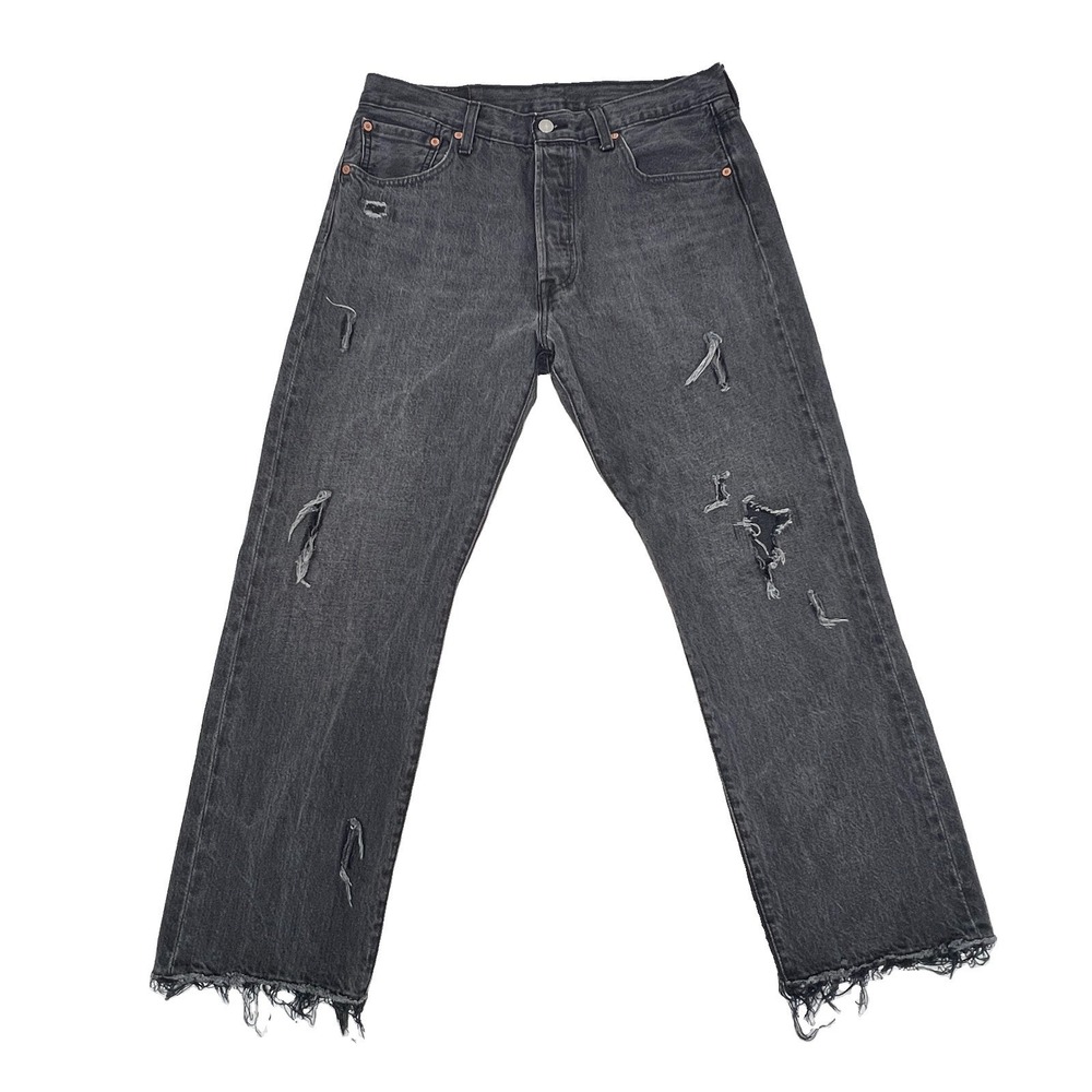Levi's Premium 501 '93 Jeans Mens 34x29 Black Distressed Cropped Frayed Hem